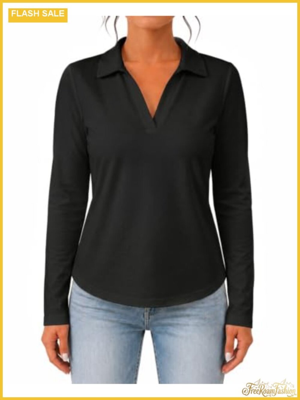Women's Long Sleeve V-Neck Polo Shirt Stretch Cotton Blend Business Casual